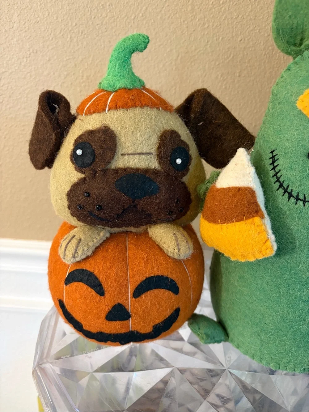 Wool Weighted Halloween Decor Pug Pumpkin Pup & Green Candy Corn Monster